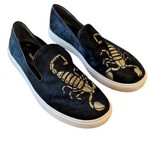Mara & Mine Black Calf Hair Gold Scorpion Embroidered Slip-On Sneakers Size 8.5